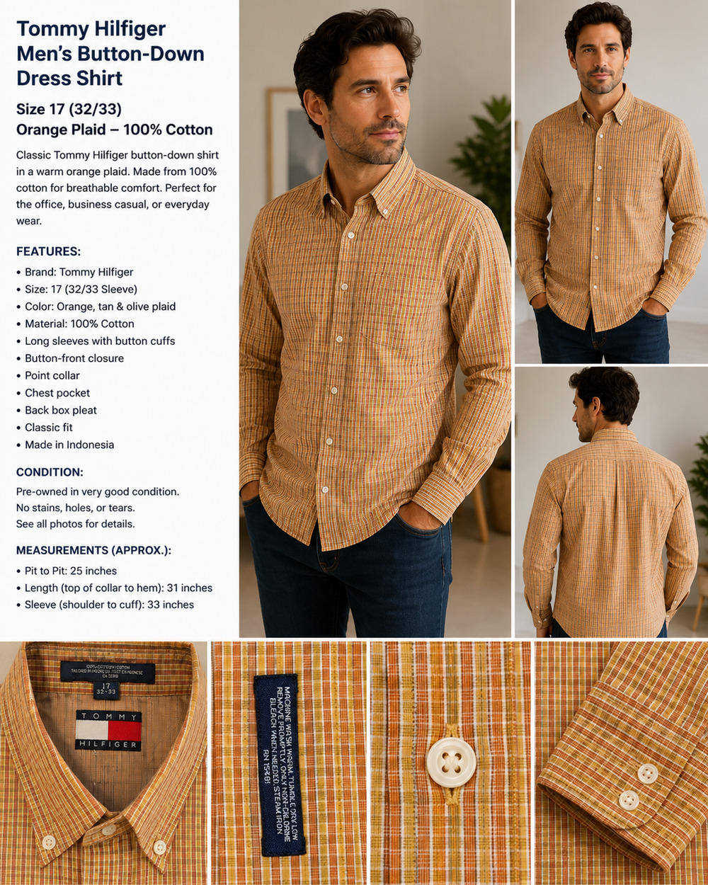 Tommy Hilfiger Men's Button-Down Dress Shirt – Size 17 (32/33) – Orange Plaid